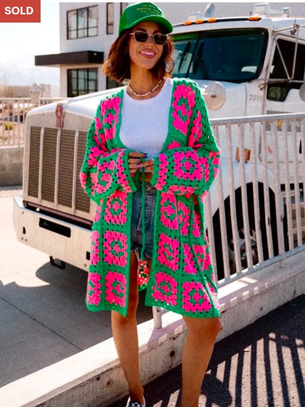 ISO (not for sale!): Bright Pink & Green Crochet Oversized Cardigan Sweater